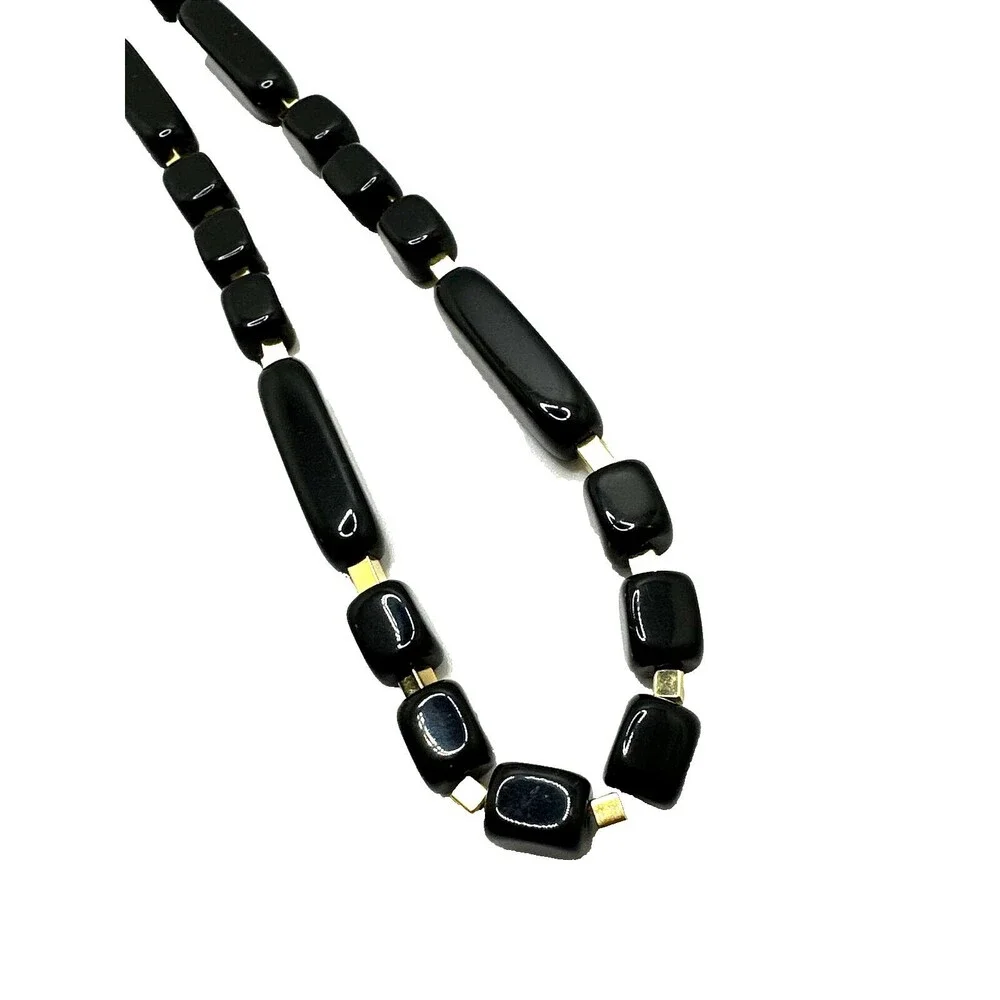 Vintage Trifari Black Lucite Necklace Long Bead Gold Tone Accent Statement 30